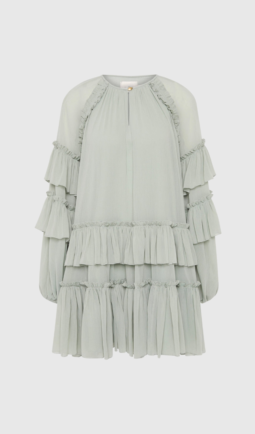 Freda – Grünes Minikleid aus Netzstoff mit Ballonärmeln und Rüschen