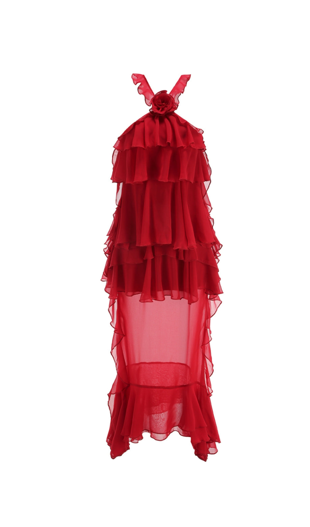 Eunice – Rotes Chiffon-Midikleid mit Neckholder und Rüschen
