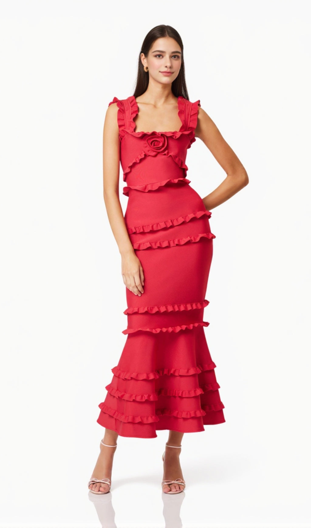 ABITO LUNGO CON VOLANT JOSEPHINE IN ROSSO