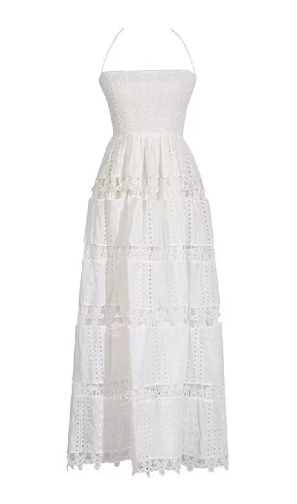 ABITO LUNGO IN PATCHWORK DI PIZZO ELASTICO CON SCOLLO ALL'AMERICANA, BIANCO