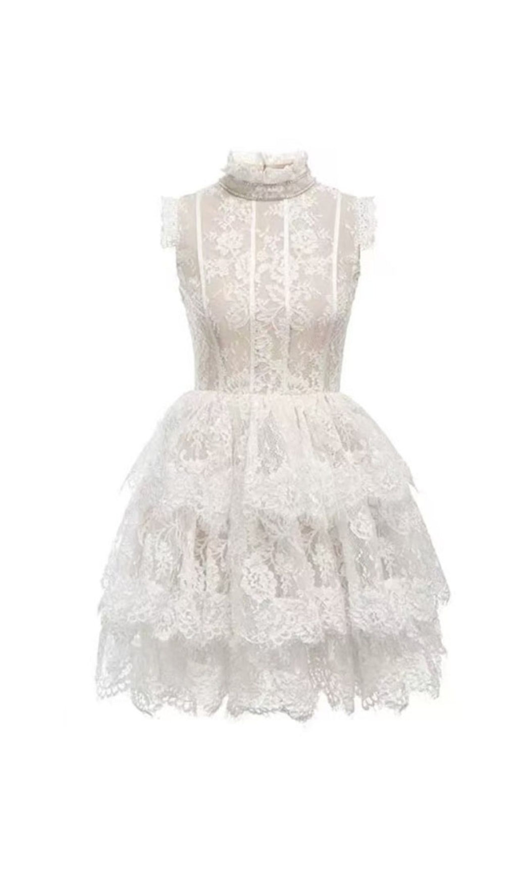 Ärmelloses Tutu-Minikleid aus Spitze mit Stehkragen in Weiß