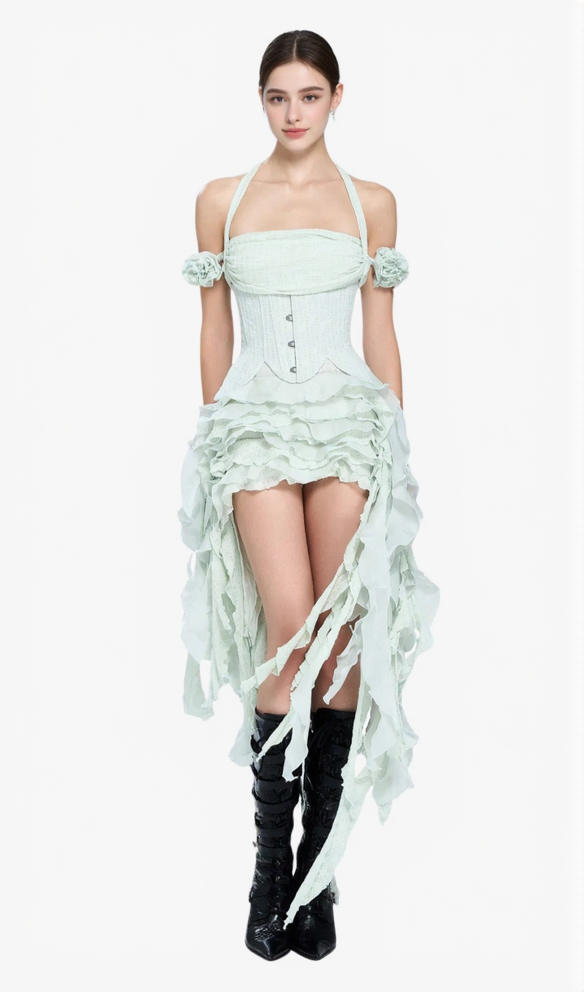 ELVA HALTER THREE-DIMENSIONAL FLOWER IRREGULAR TASSEL MINI DRESS IN MINT