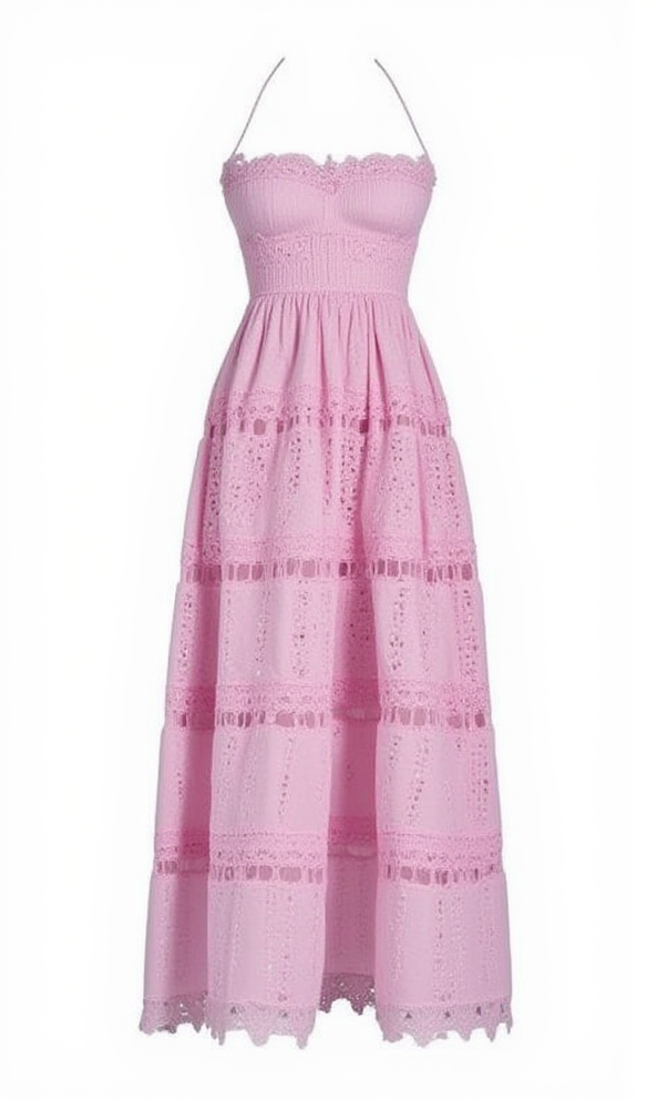 ABITO LUNGO IN PATCHWORK DI PIZZO ELASTICO CON SCOLLO ALL'AMERICANO, ROSA