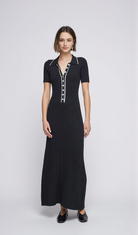 SIMPLE BLACK LAPEL HALF-BUTTON KNITTED MAXI DRESS