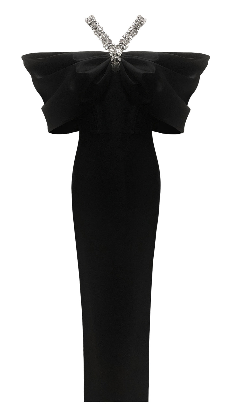 Schwarzes Maxikleid mit Neckholder und Diamanten