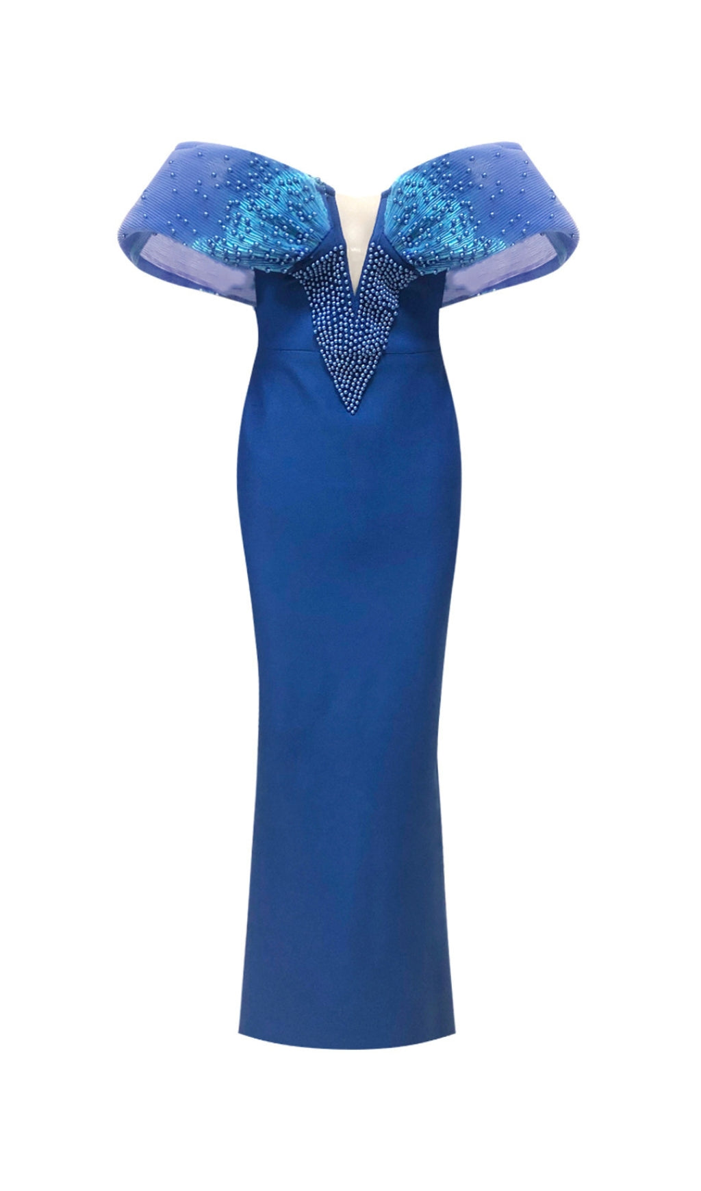 ABITO LUNGO ADERENTE CON SPALLE SCOPERTE E PERLE BLU