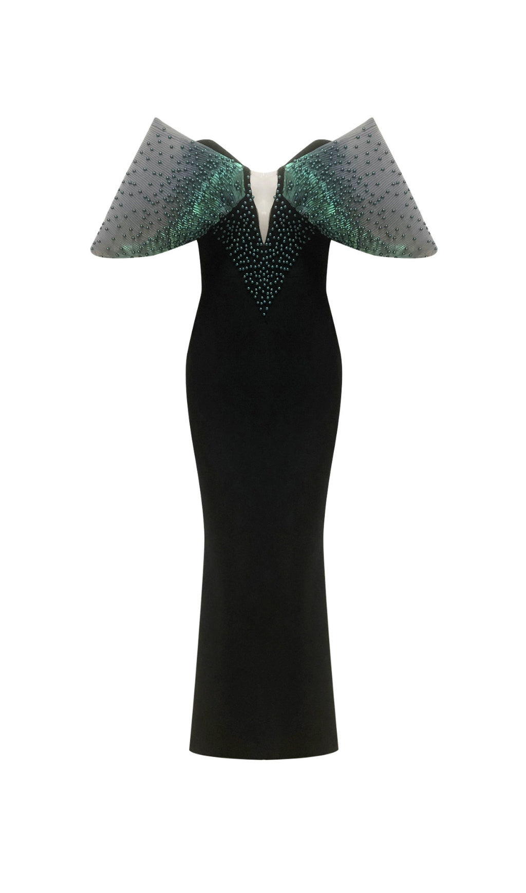 ABITO LUNGO ADERENTE CON SPALLE SCOPERTE E PERLE, NERO