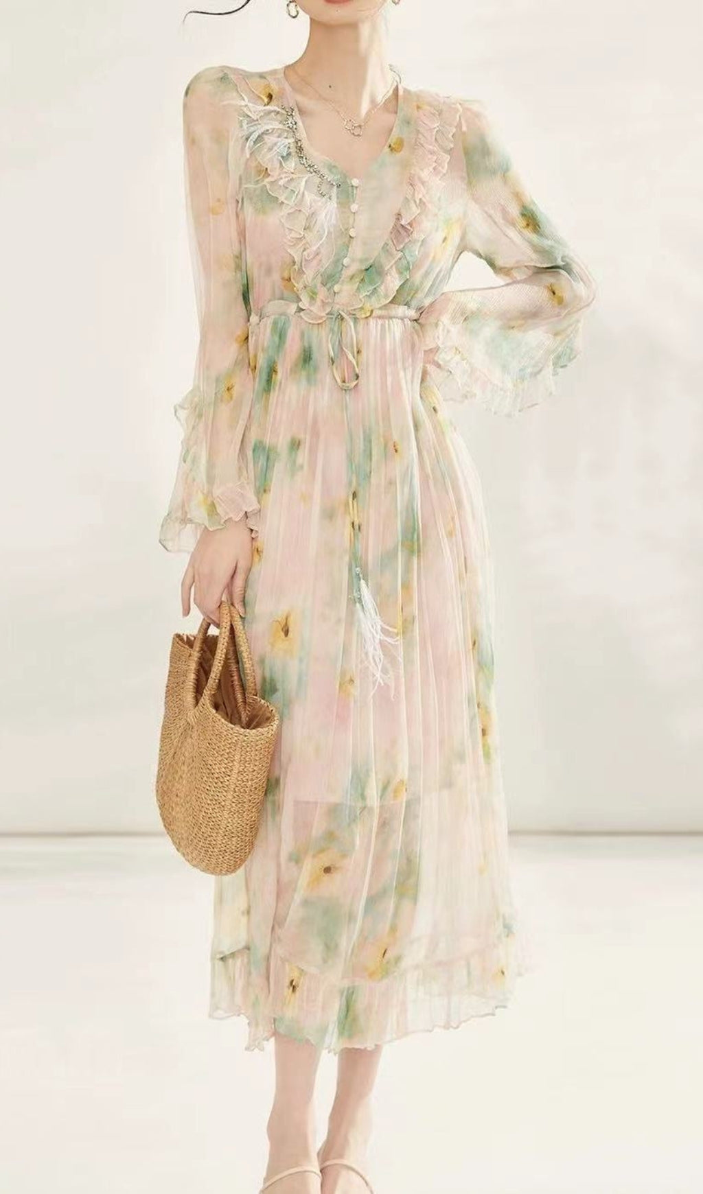 FLORAL PRINT CHIFFON SILK MIDI DRESS IN PALE GREEN
