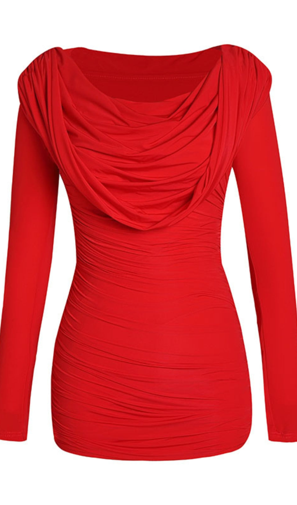 RED PLEATED HOODED MINI DRESS
