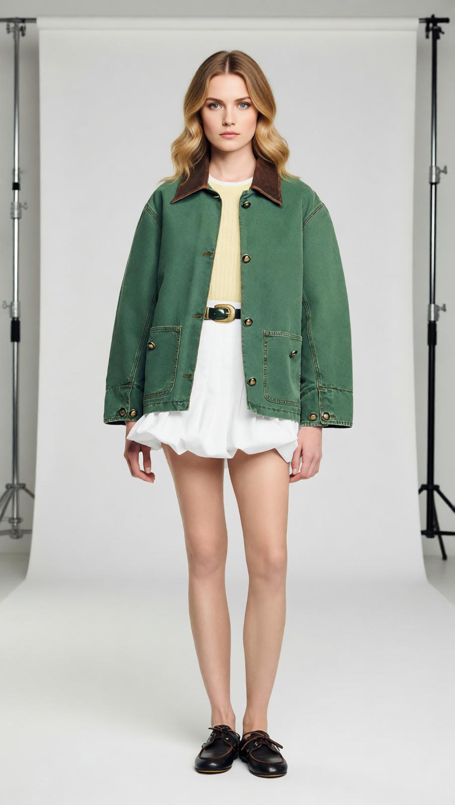 Women's Chic Green Workwear Jacket with Contrast Leather Collar