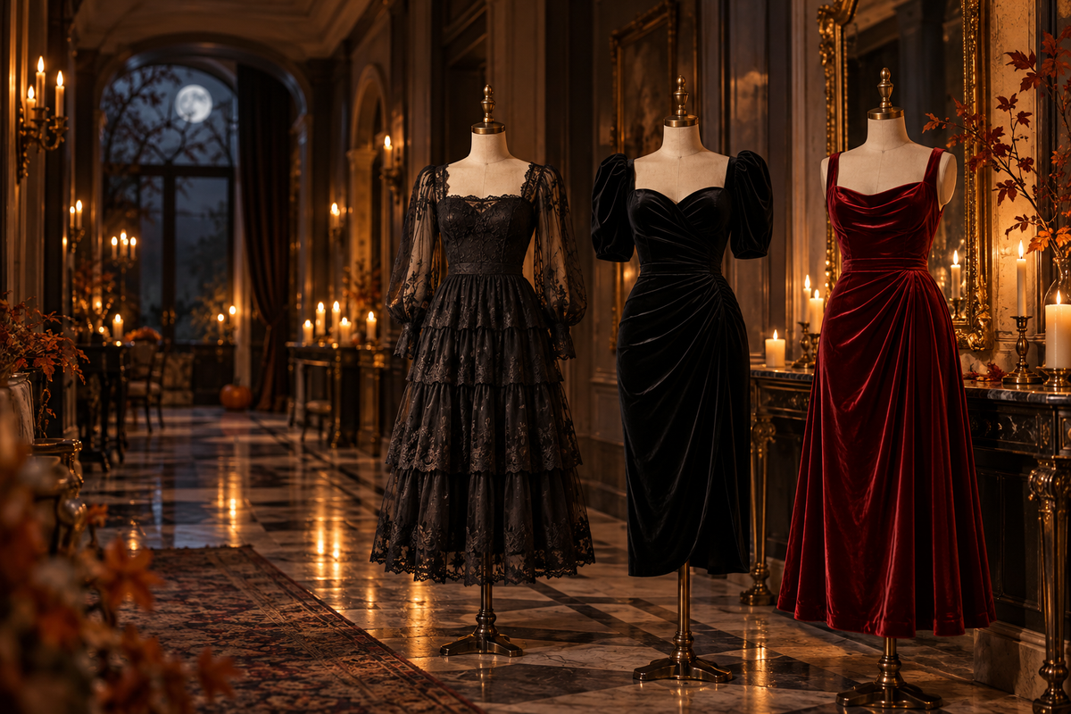 Halloween midi dress editorial: black lace, velvet and ruby red evening looks