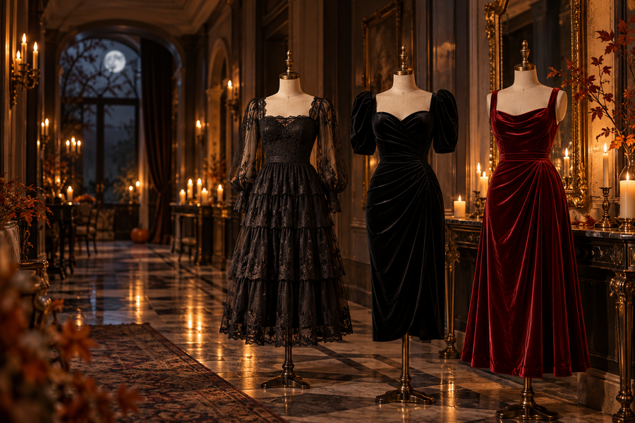 Halloween midi dress editorial: black lace, velvet and ruby red evening looks
