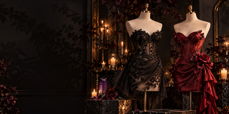 AIIZIE Halloween evening dress edit with black lace and red satin party looks