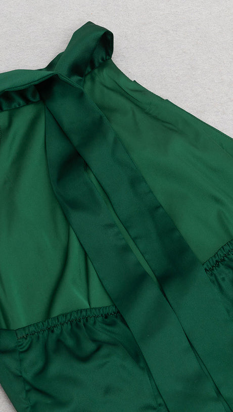 EMMA HALTER SLIT SATIN MERMAID MAXI DRESS IN GREEN