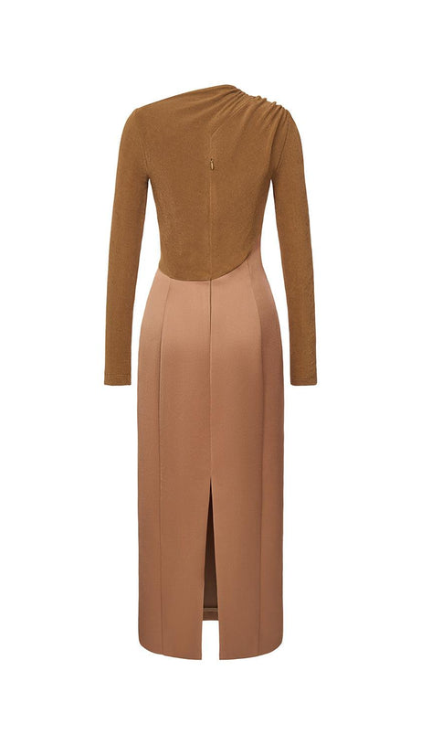ELEANOR SHEATH ASYMMETRIC NECK TAFFETA MIDI DRESS IN BROWN