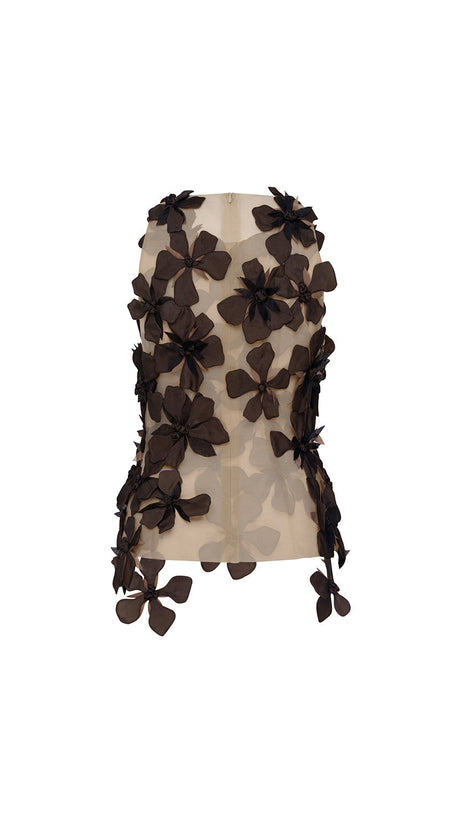 Moyer – Figurbetontes Tülltop mit Blumenapplikation in Schwarz