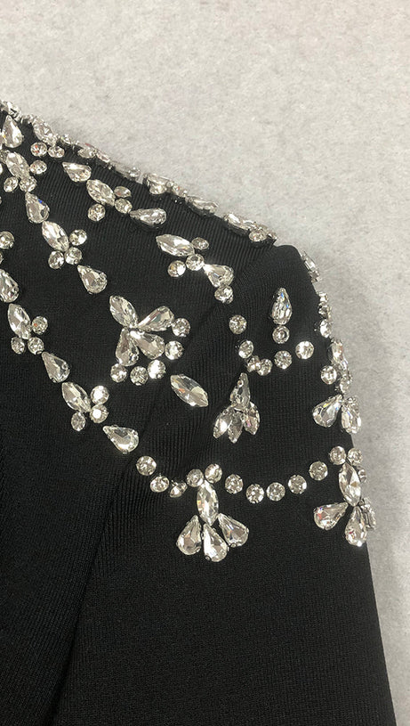 CRYSTAL-EMBELLISHED BLACK LONG SLEEVE MAXI DRESS