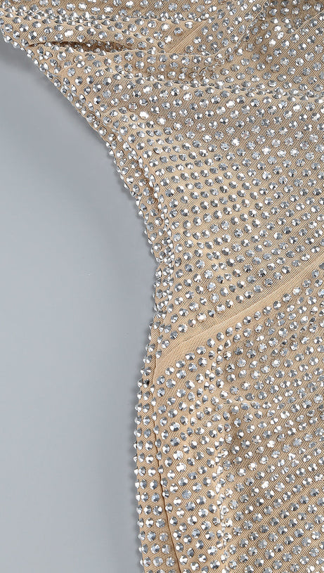 OFF-SHOULDER CRYSTAL-EMBELLISHED MINI DRESS IN SILVER