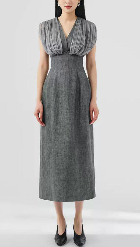 MESH STITCHING SLEEVELESS MIDI DRESS IN GREY