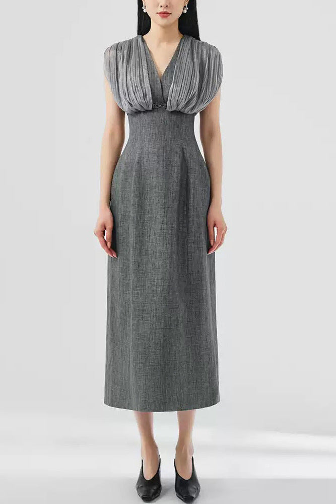 AIIZIE MESH STITCHING SLEEVELESS MIDI DRESS IN GREY - product image