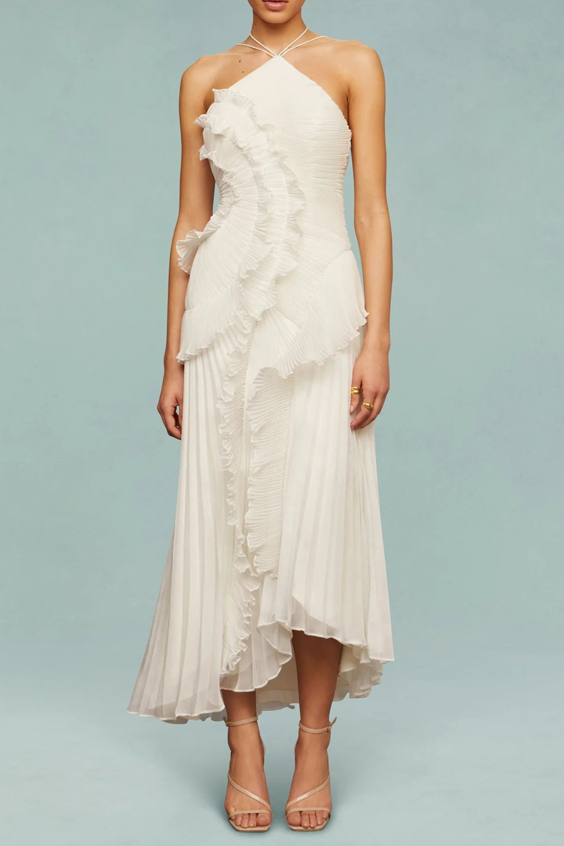 Alva – Ärmelloses Maxikleid mit Falten und Schlitz in Hellweiß