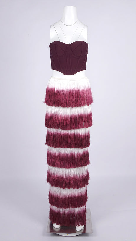 STRAPLESS TASSEL TWO PIECE MAXI DRESS BURGUNDY