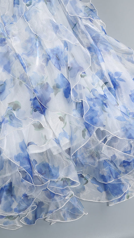 BELINDA BLUE FLORAL VERTICAL RUFFLE TRIM MAXI DRESS