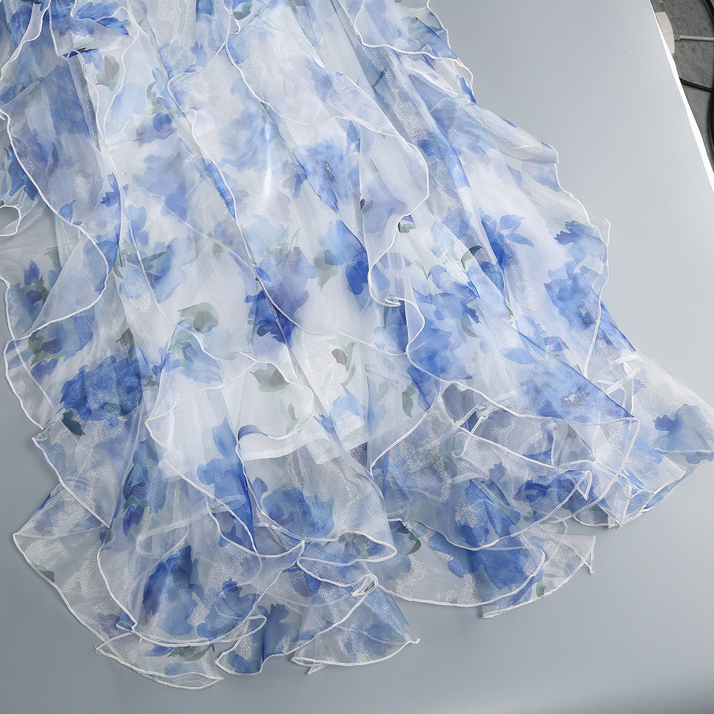 AIIZIE BELINDA BLUE FLORAL VERTICAL RUFFLE TRIM MAXI DRESS - product image