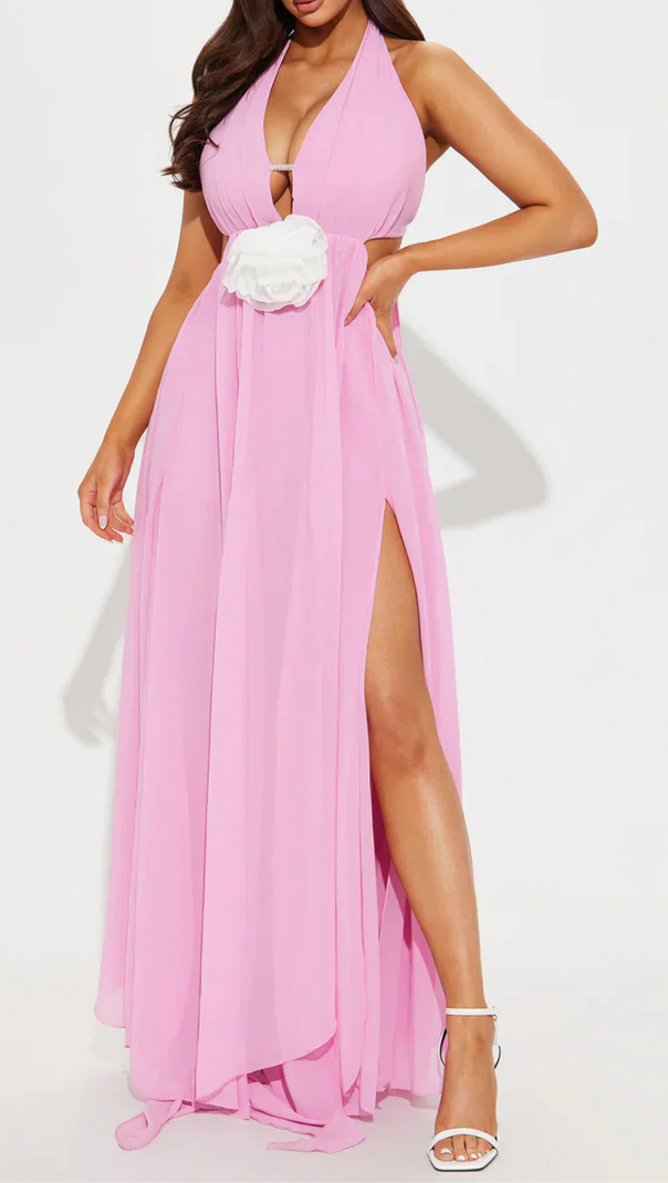 AIIZIE V-NECK CUTOUT HALTER CHIFFON MAXI DRESS IN PINK - product image