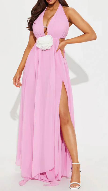 V-NECK CUTOUT HALTER CHIFFON MAXI DRESS IN PINK