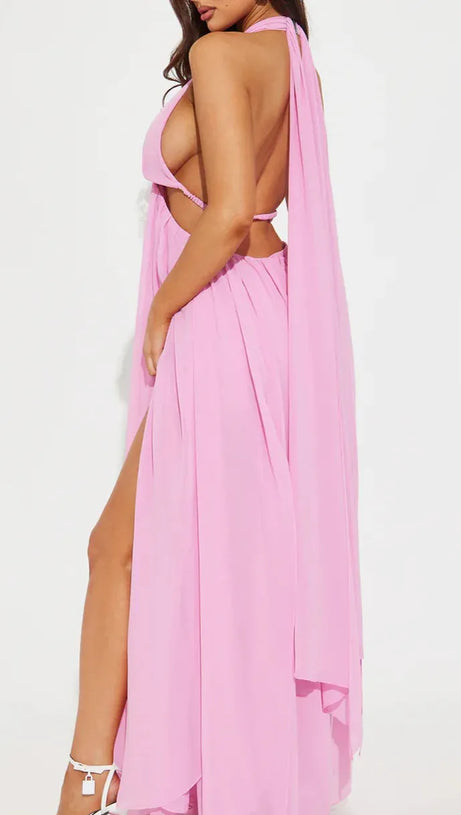 V-NECK CUTOUT HALTER CHIFFON MAXI DRESS IN PINK
