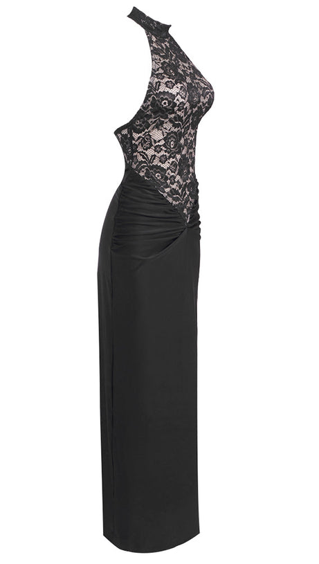 CAROL BLACK HALTER MAXI DRESS WITH LACE BODICE