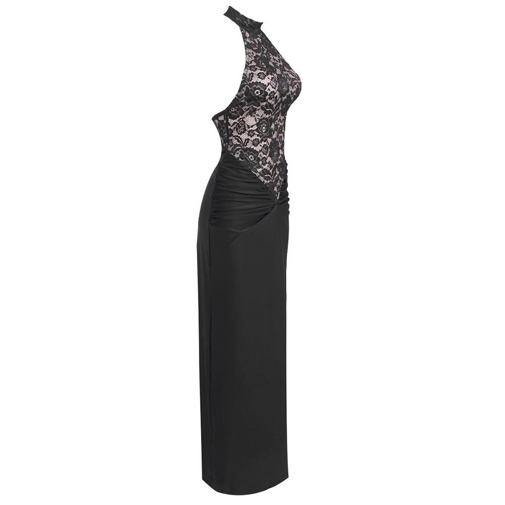 AIIZIE CAROL BLACK HALTER MAXI DRESS WITH LACE BODICE - product image