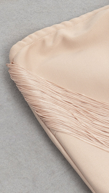 PENELOPE TULLE STRIPED EMBELLISH STRAPLESS APRICOT  MIDI DRESS