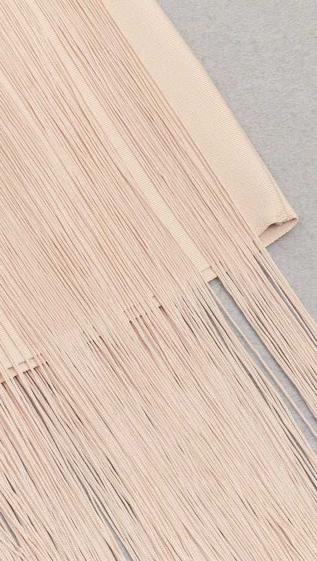 PENELOPE TULLE STRIPED EMBELLISH STRAPLESS APRICOT  MIDI DRESS