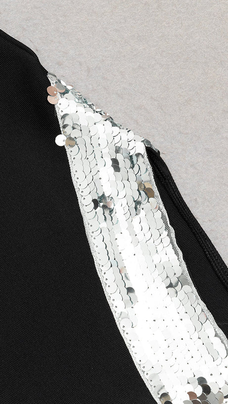 PHYLLIS ONE-SHOULDER SEQUINED HEM HIGH SLIT MIDI DRESS