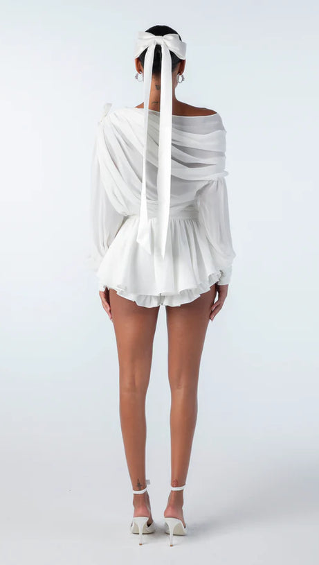 RUCHED CHIFFON RUFFLE TWO PIECE SET - WHITE