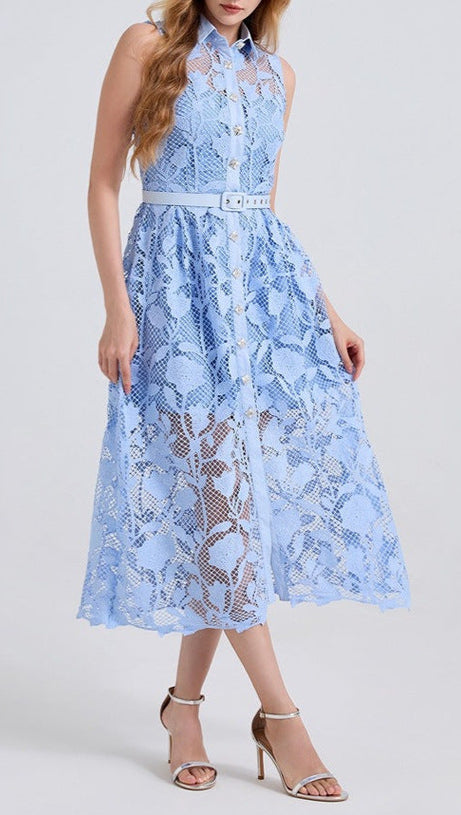 NECKLINE SLEEVELESS PINCHED WAIST MIDI DRESS IN BLUE