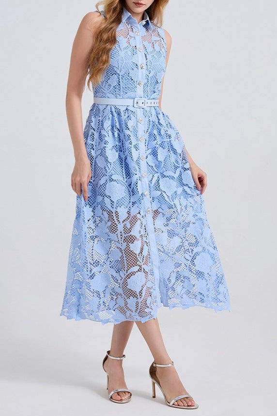 AIIZIE NECKLINE SLEEVELESS PINCHED WAIST MIDI DRESS IN BLUE - product image