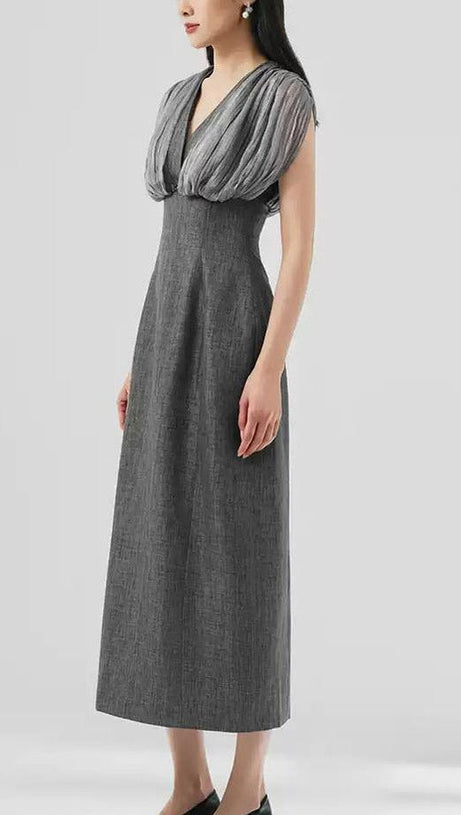 MESH STITCHING SLEEVELESS MIDI DRESS IN GREY