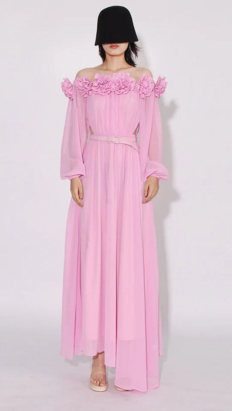 ASCELLA FLOWER SHOULDER MAXI DRESS IN PINK