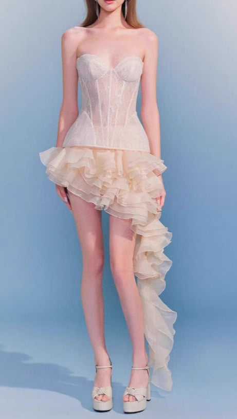 IRREGULAR PETAL LACE BODYCON MINI SKIRT SET IN BEIGE