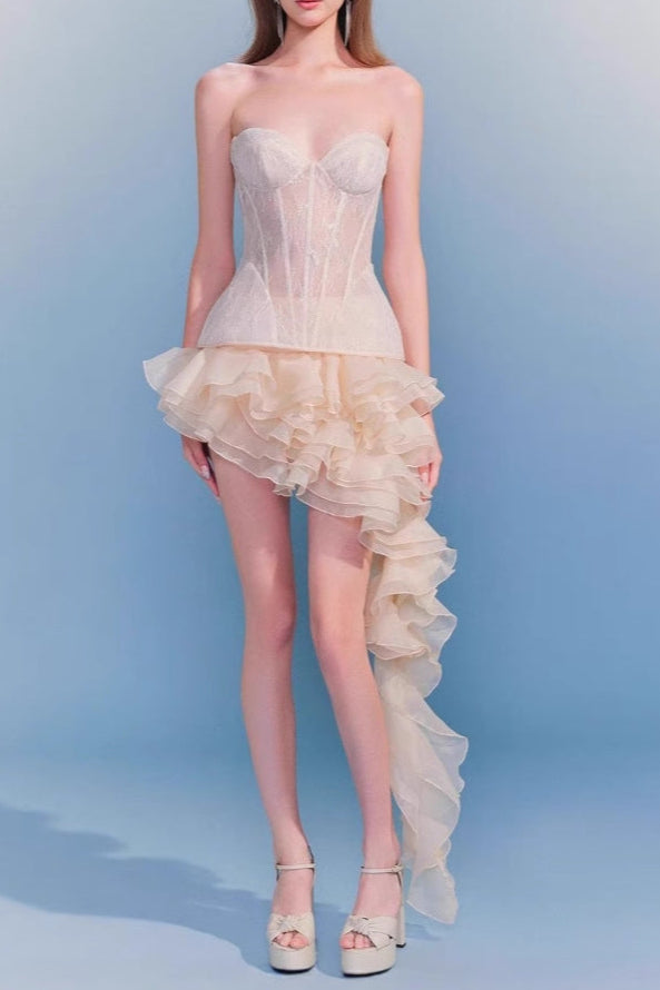 AIIZIE IRREGULAR PETAL LACE BODYCON MINI SKIRT SET IN BEIGE - product image