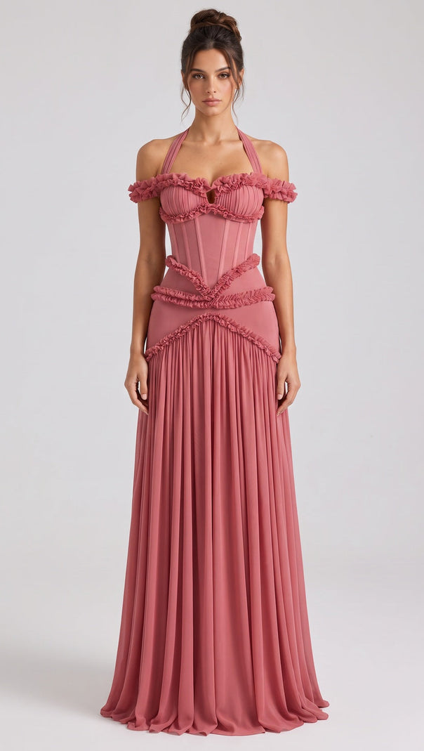 Dusty Rose Fitted Corset Gown with Tiered Ruffles and Halter Neck