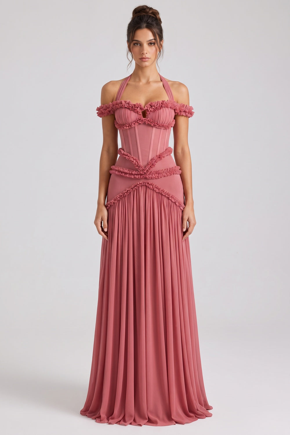 Dusty Rose Fitted Corset Gown with Tiered Ruffles and Halter Neck