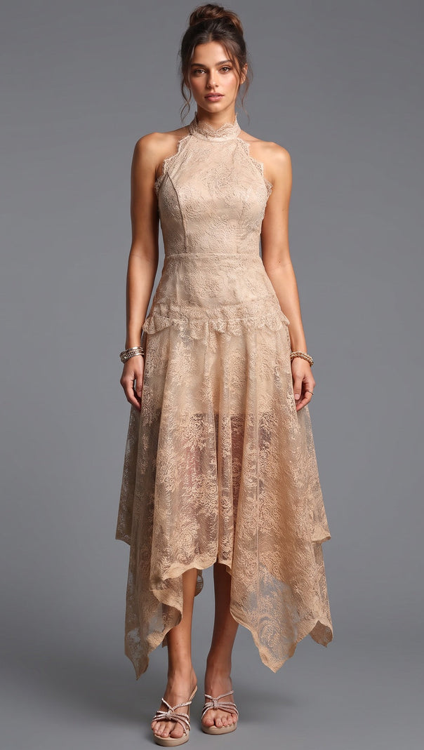 Beige Corded Floral Lace A-Line Midi Dress with Asymmetrical Hem