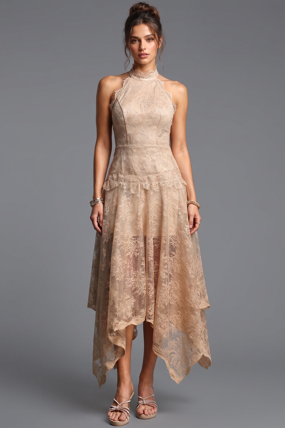 Beige Corded Floral Lace A-Line Midi Dress with Asymmetrical Hem
