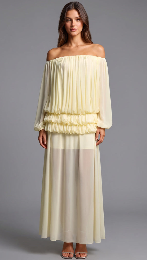 Pale Yellow Chiffon Off-The-Shoulder Blouson Two-Piece Set