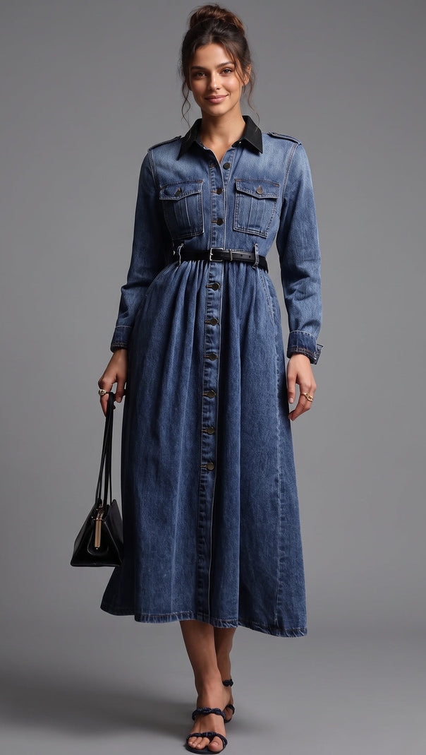 Medium Blue Denim A-Line Shirt Dress with Contrast Collar