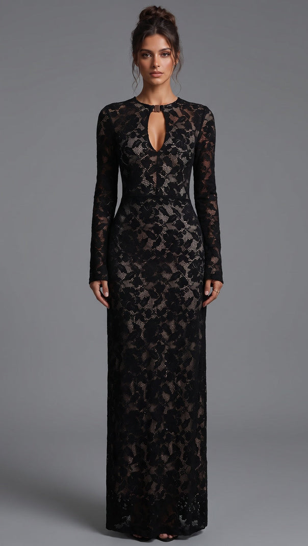 Black Floral Lace Column Gown